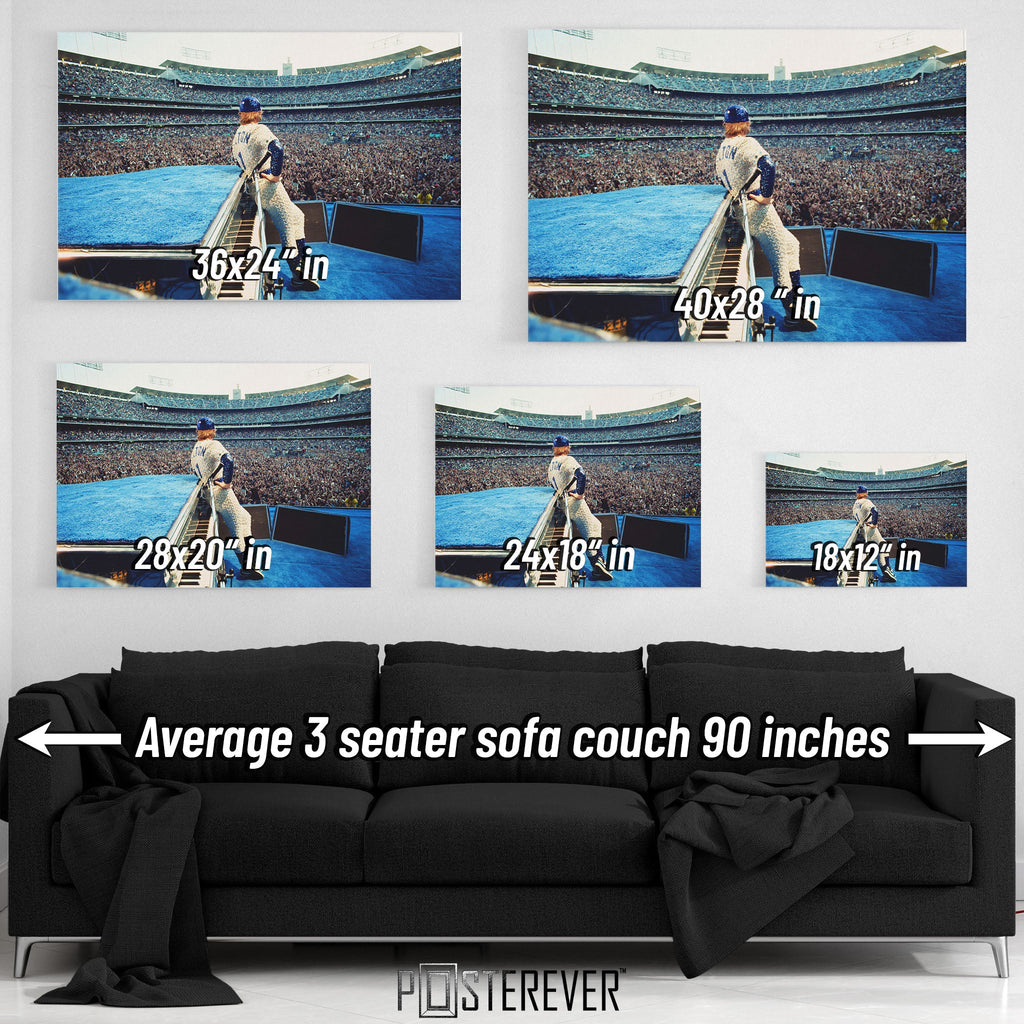 Elton John 1975 Dodger Stadium colorized wall art size comparison chart shown above an average 90-inch three-seater sofa.