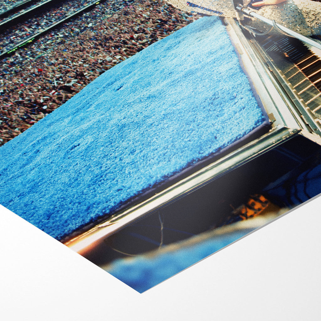 Front close-up showing the vivid stadium blue colour and matte finish of the unframed Elton John 1975 Dodger Stadium art print.
