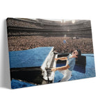 Premium gallery-wrapped colorized canvas print of Elton John live at Dodger Stadium in 1975.