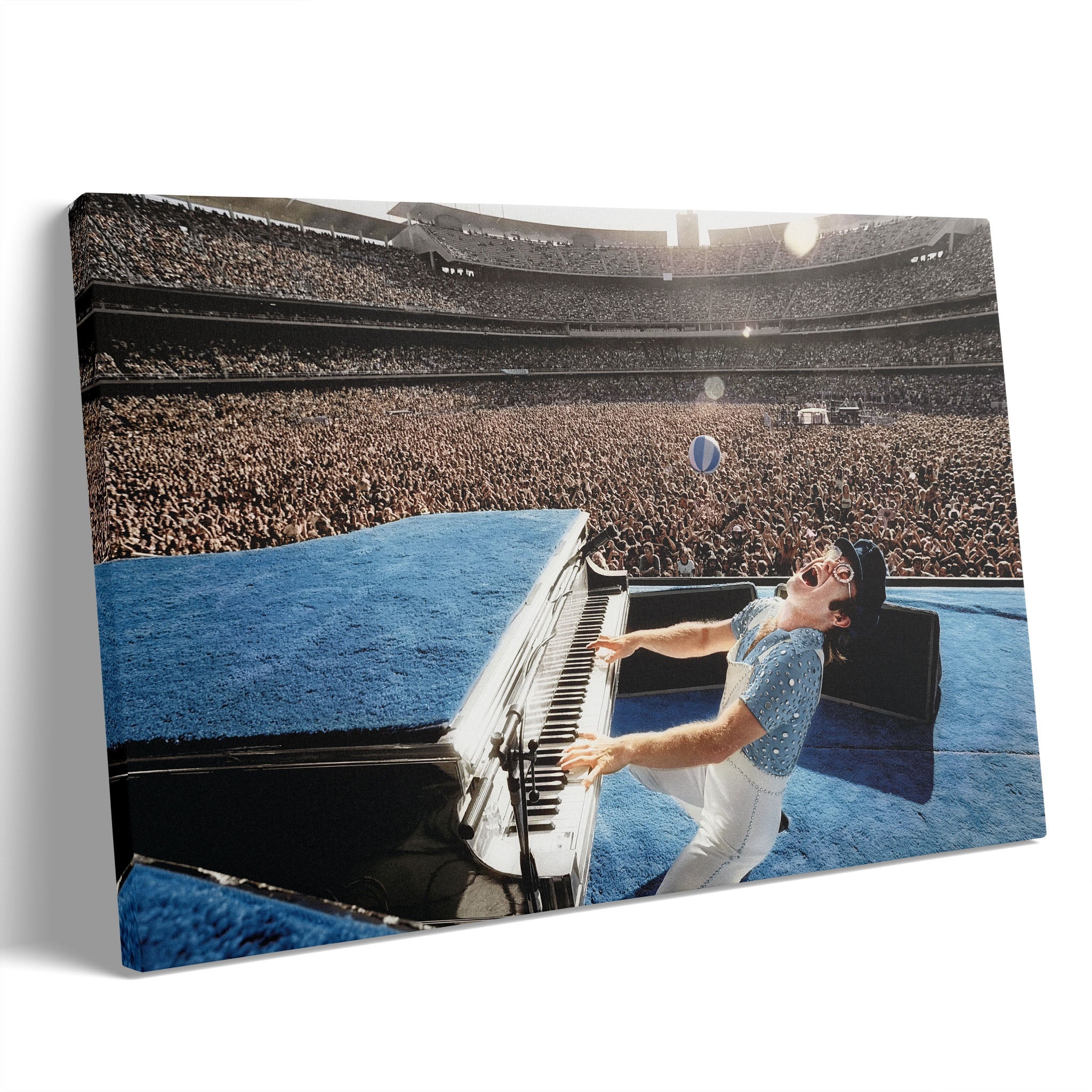 Premium gallery-wrapped colorized canvas print of Elton John live at Dodger Stadium in 1975.