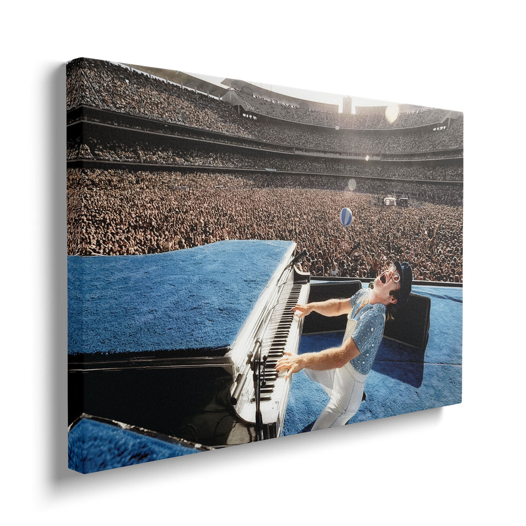 Front view of the heavy-weight colorized canvas wall art print of Elton John in 1975.