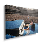 Front view of the heavy-weight colorized canvas wall art print of Elton John in 1975.