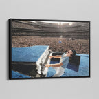 Side angle of the Elton John 1975 colorized canvas in a luxury minimalist black floating frame.
