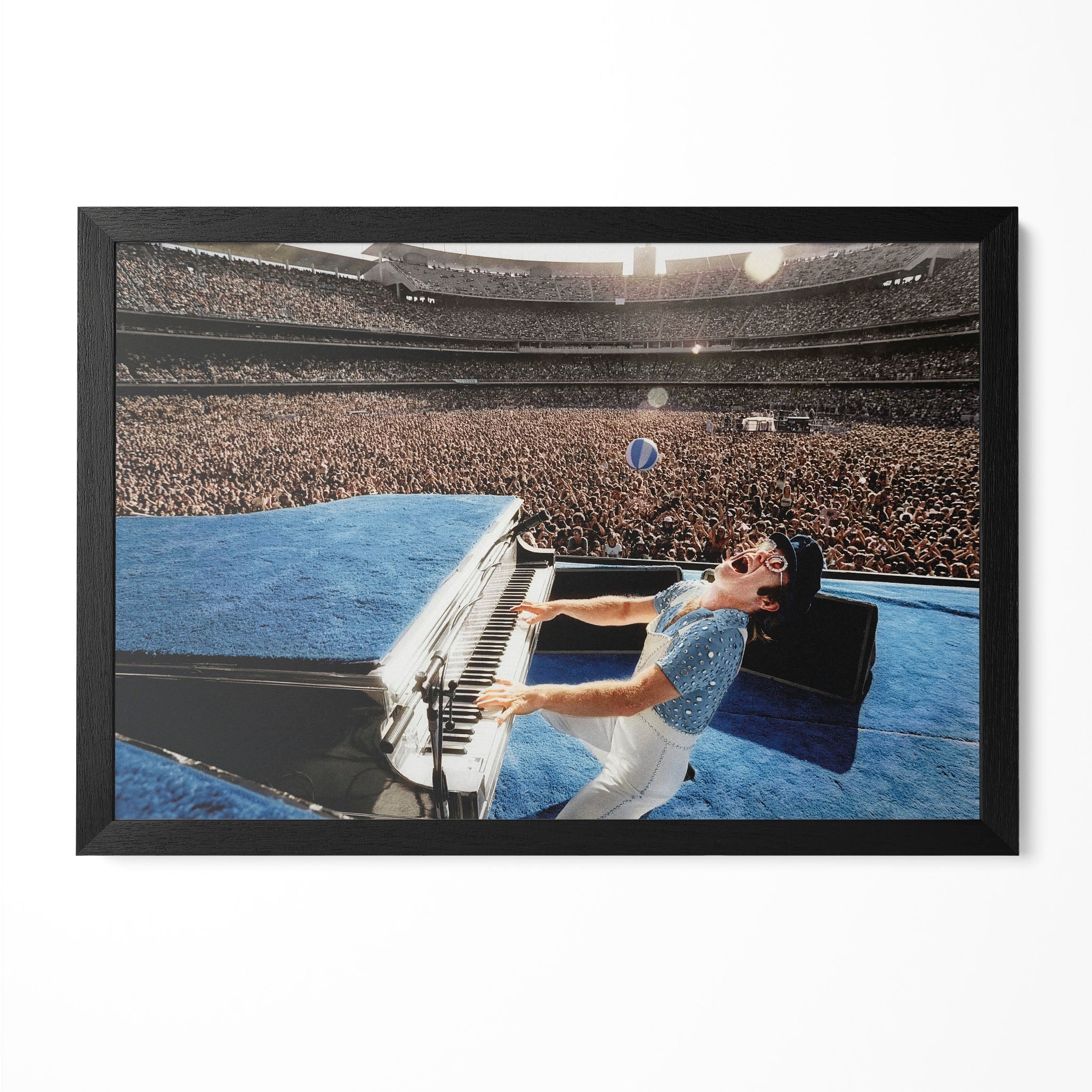Elton John 1975 Dodger Stadium colorized concert poster in a premium classic black wooden frame by POSTEREVER.