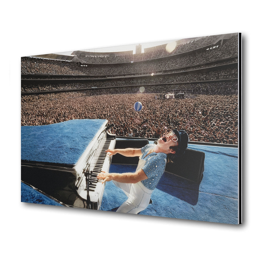 Premium colorized metal print of Elton John live at Dodger Stadium 1975 on an industrial-grade aluminum panel.