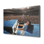 Premium colorized metal print of Elton John live at Dodger Stadium 1975 on an industrial-grade aluminum panel.