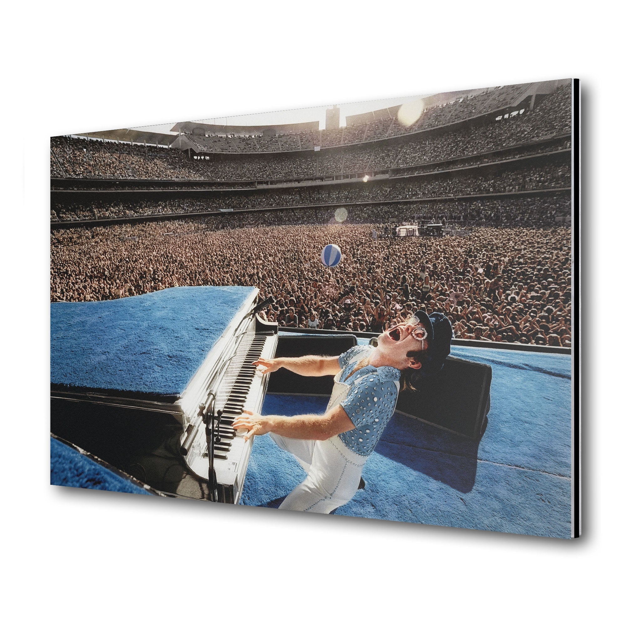 Premium colorized metal print of Elton John live at Dodger Stadium 1975 on an industrial-grade aluminum panel.