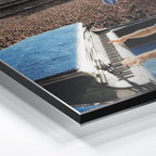 Macro close-up of the ultra-thin aluminum DIBOND panel edge of the Elton John 1975 colorized metal print.