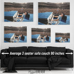 Elton John 1975 Dodger Stadium colorized wall art size comparison chart shown above an average 90-inch three-seater sofa.