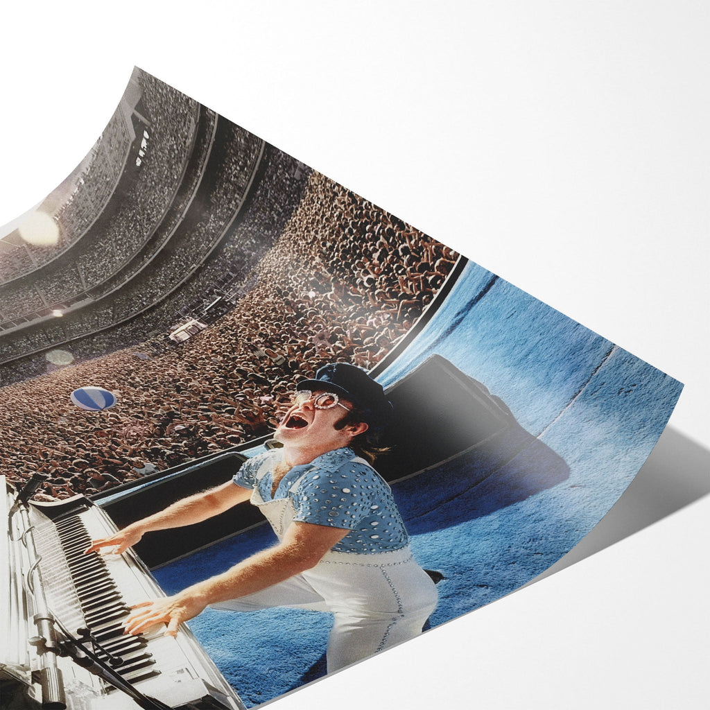 Angled close-up of the unframed premium matte Elton John 1975 Dodger Stadium colorized poster print.