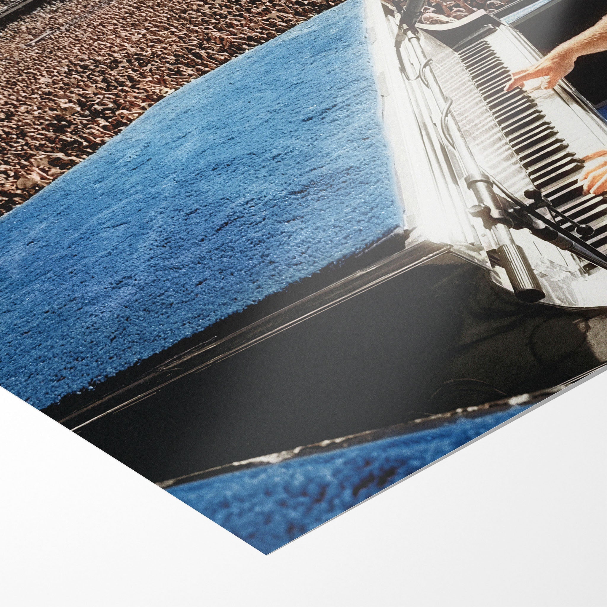 Front close-up showing the vivid blue colour and matte finish of the unframed Elton John 1975 Dodger Stadium art print.