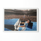 Elton John 1975 Dodger Stadium colorized poster in a modern minimalist white wooden frame by POSTEREVER.