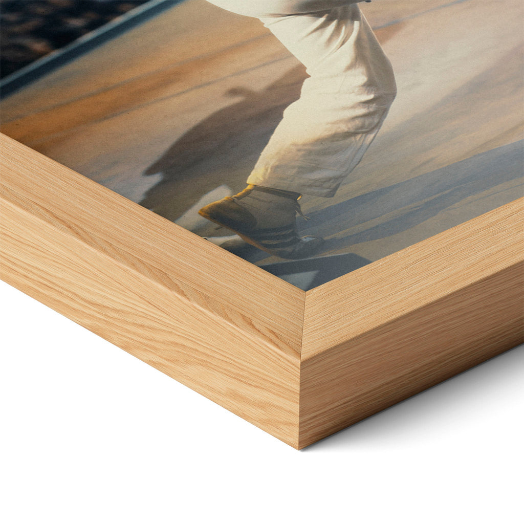 Close-up of the natural oak frame on the Freddie Mercury colour poster