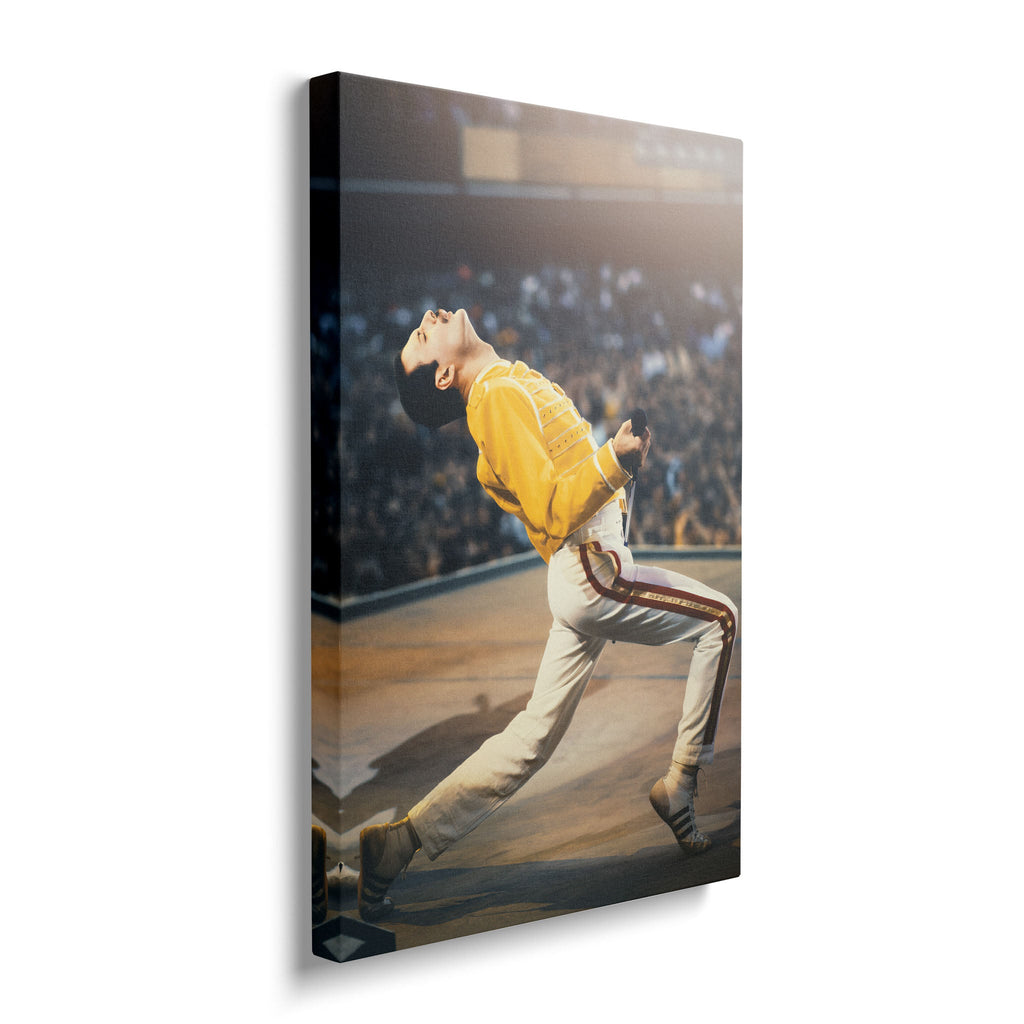 Gallery-wrapped colour canvas of Freddie Mercury at Wembley displayed on a wall