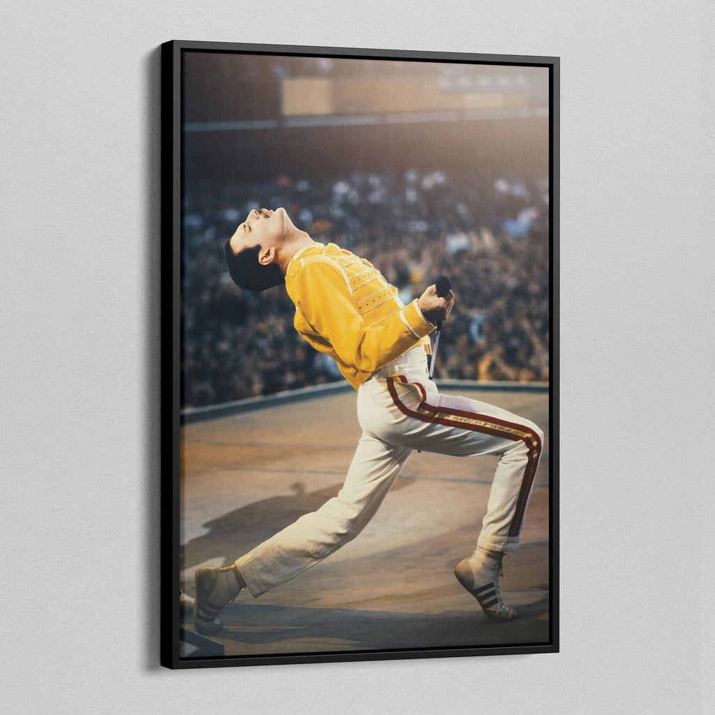 Angled view of the Freddie Mercury colour canvas in a black floating frame