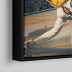 Corner close-up of the black floating frame on the Freddie Mercury colour canvas
