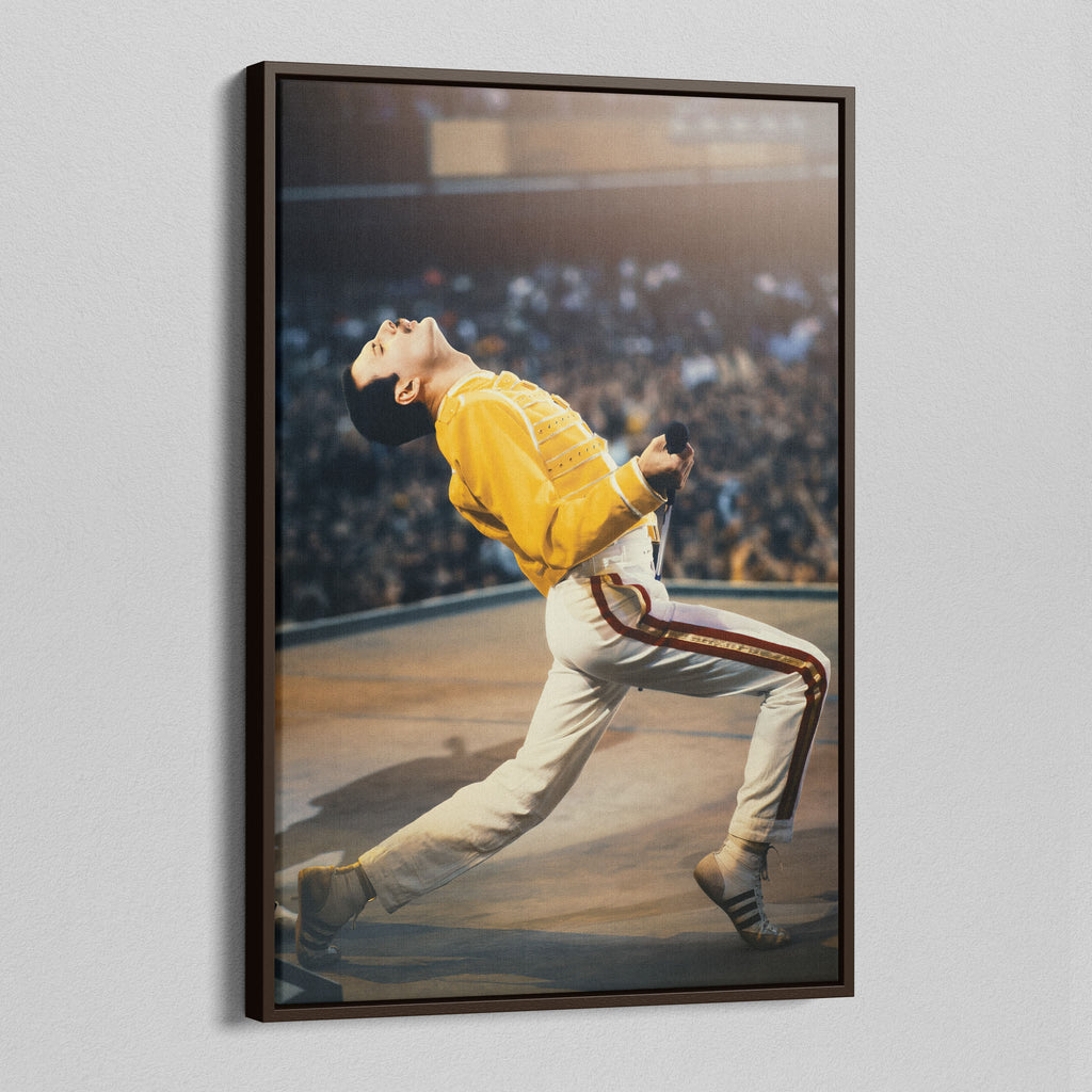 Angled view of the Freddie Mercury colour canvas in a dark walnut floating frame