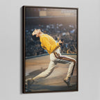 Angled view of the Freddie Mercury colour canvas in a dark walnut floating frame