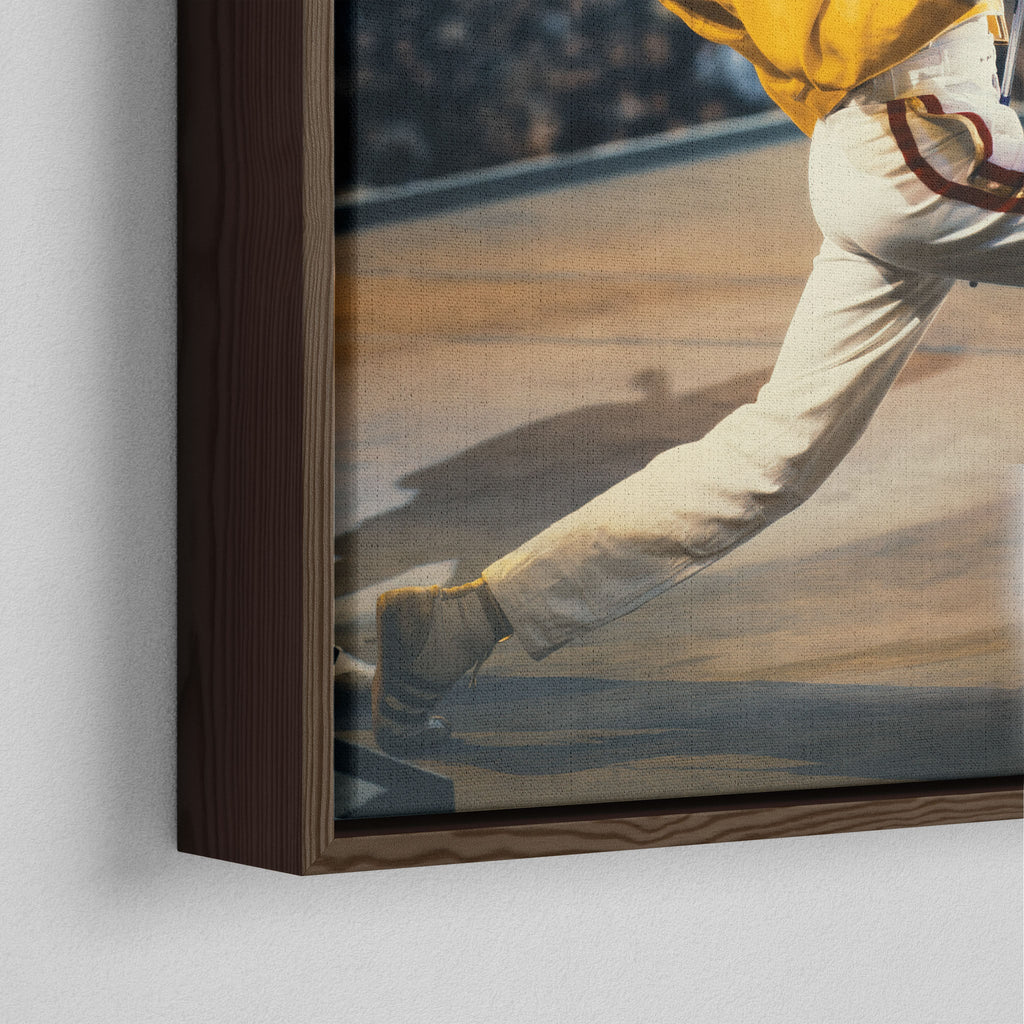 Close-up of the dark walnut floating frame on the Freddie Mercury colour canvas