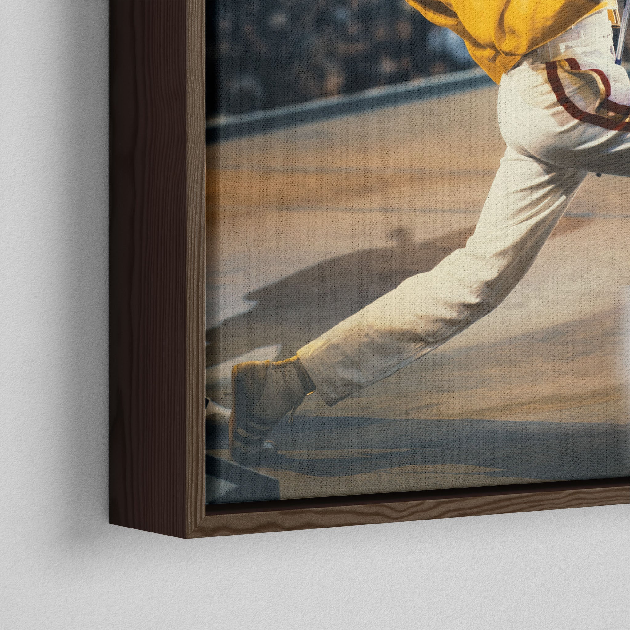 Close-up of the dark walnut floating frame on the Freddie Mercury colour canvas