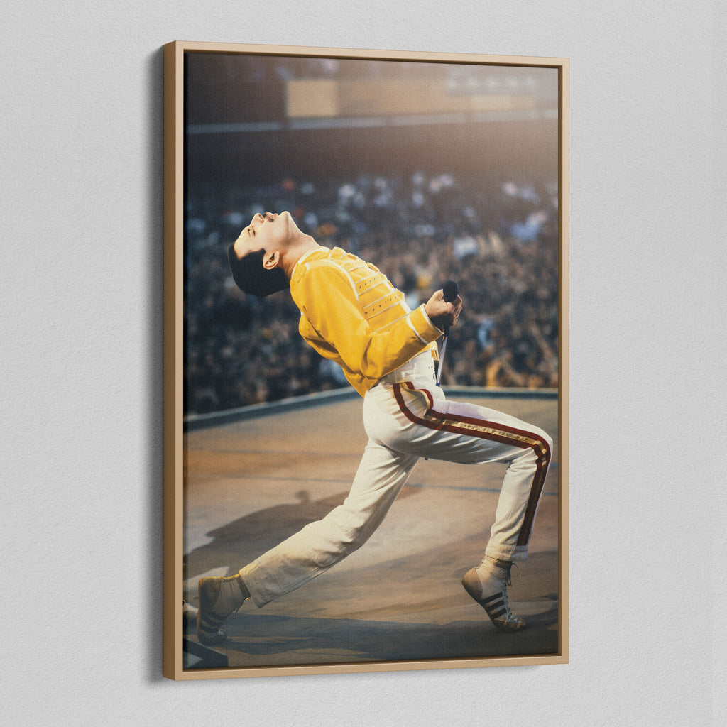 Angled view of the Freddie Mercury colour canvas in a natural oak floating frame