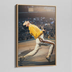 Angled view of the Freddie Mercury colour canvas in a natural oak floating frame