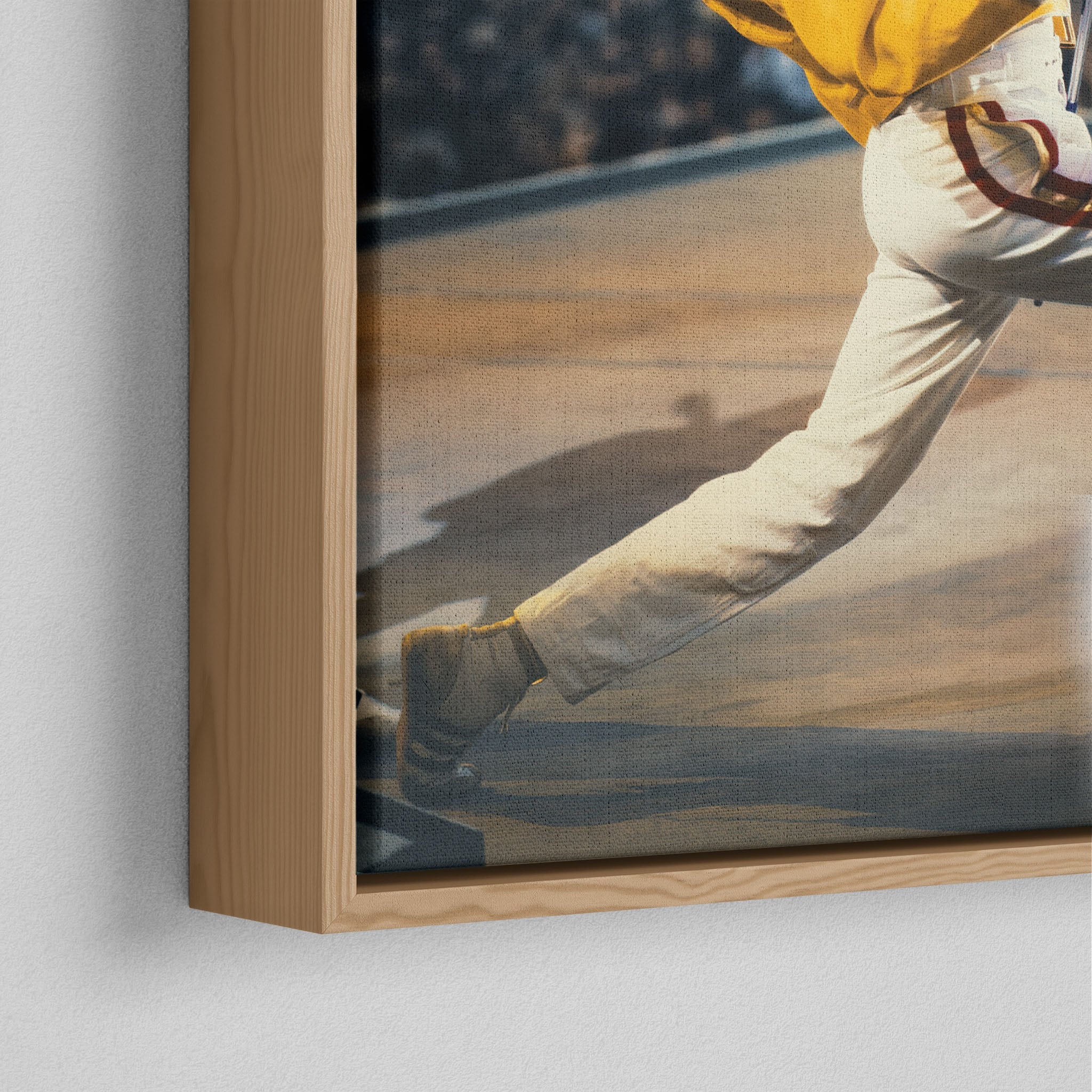 Corner close-up of the natural oak floating frame on the Freddie Mercury colour canvas