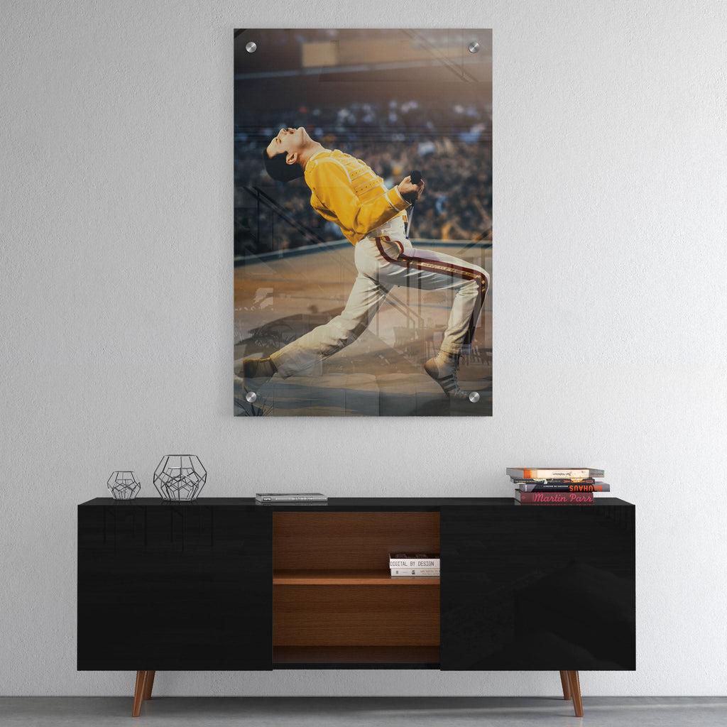 High-gloss acrylic colour print of Freddie Mercury displayed on a wall