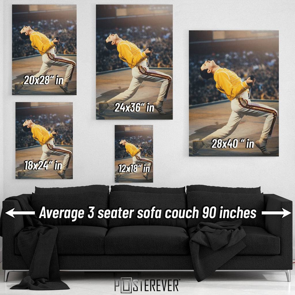 Freddie Mercury wall art size comparison chart shown above a sofa