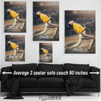 Freddie Mercury wall art size comparison chart shown above a sofa