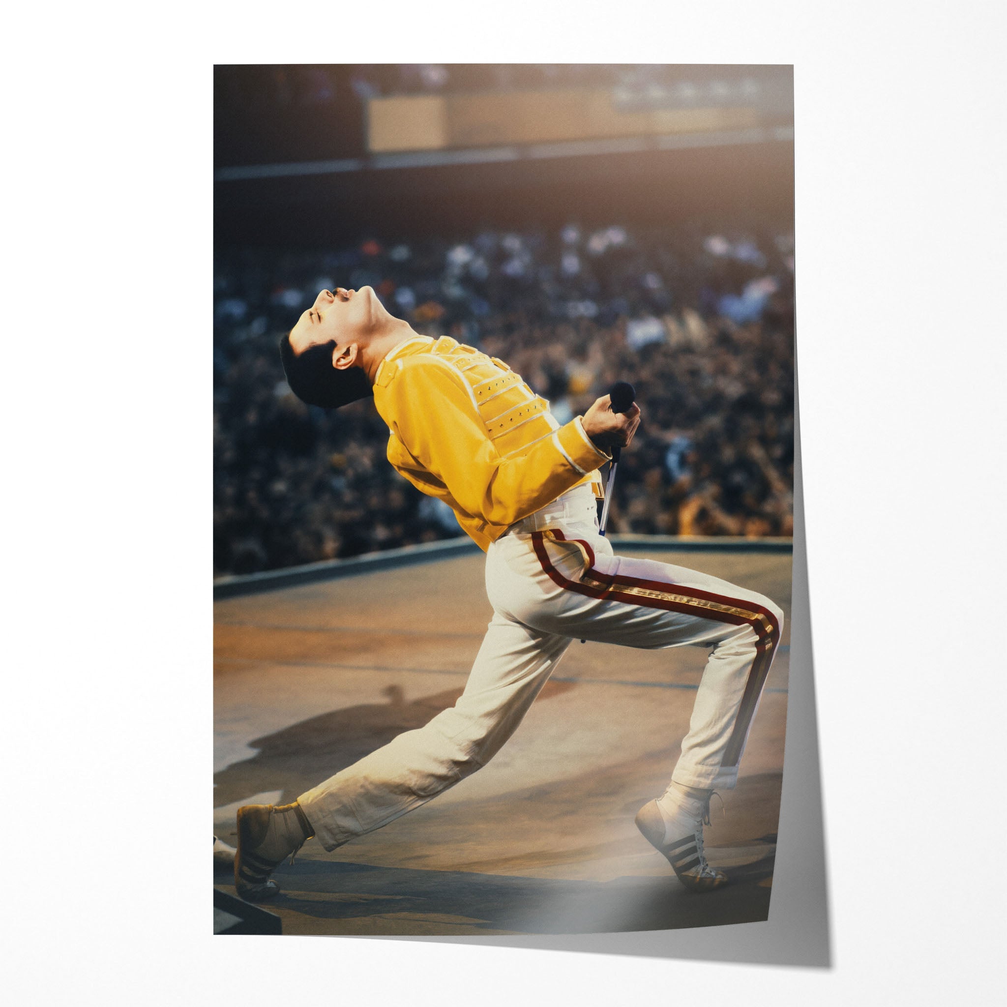 Unframed colour print of Freddie Mercury in his yellow jacket at Wembley Stadium 1986