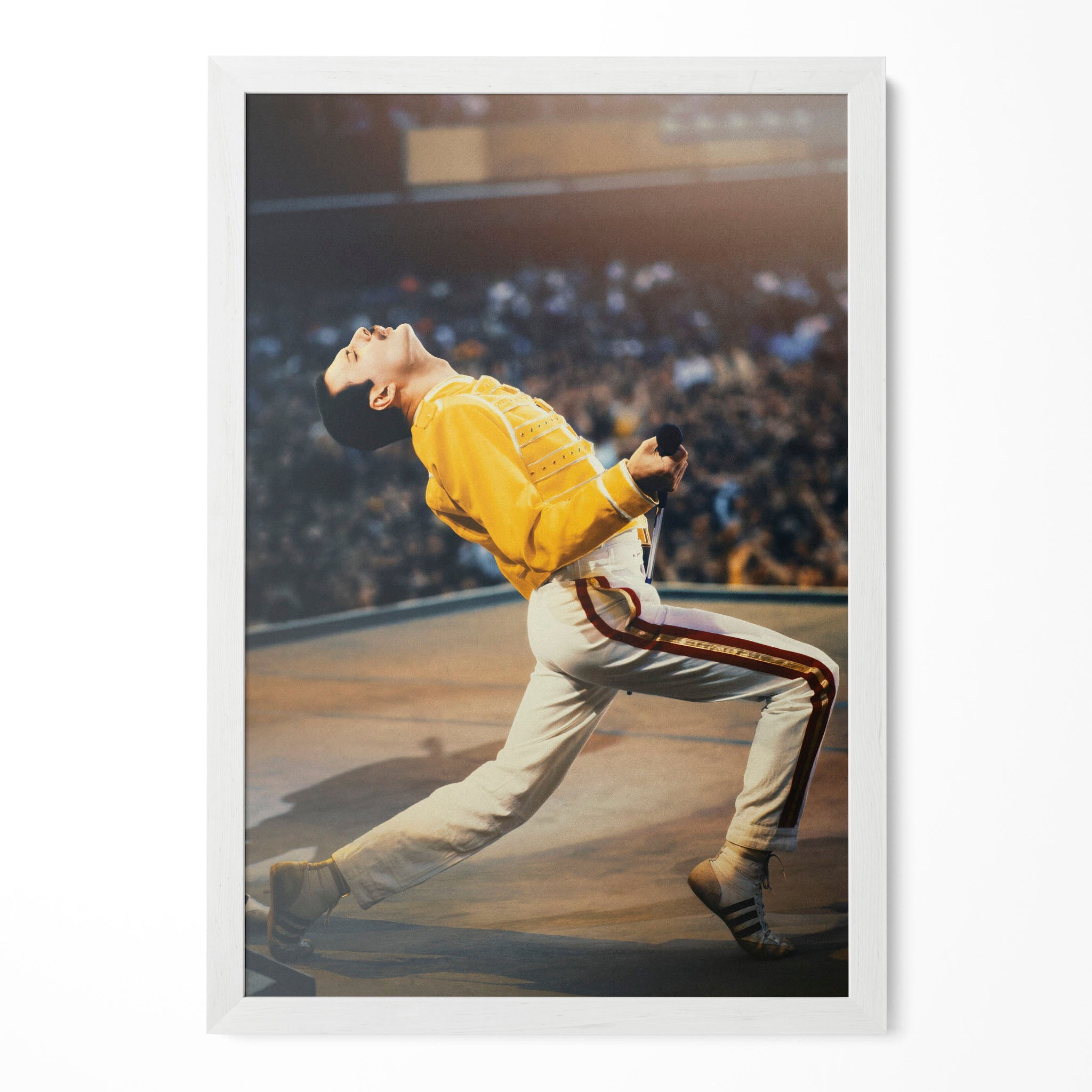 Freddie Mercury 1986 Wembley colour portrait in a classic white poster frame