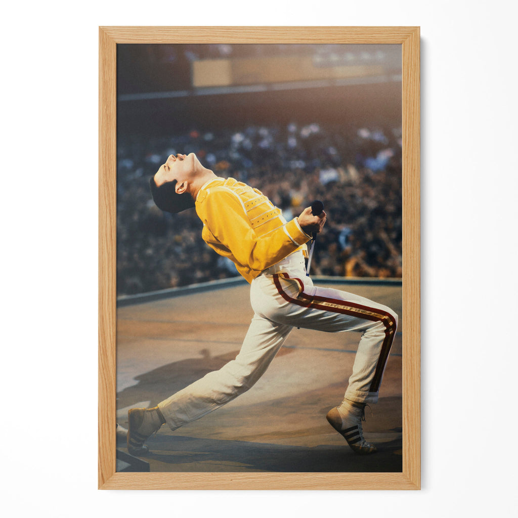 Freddie Mercury colour portrait in a natural oak poster frame