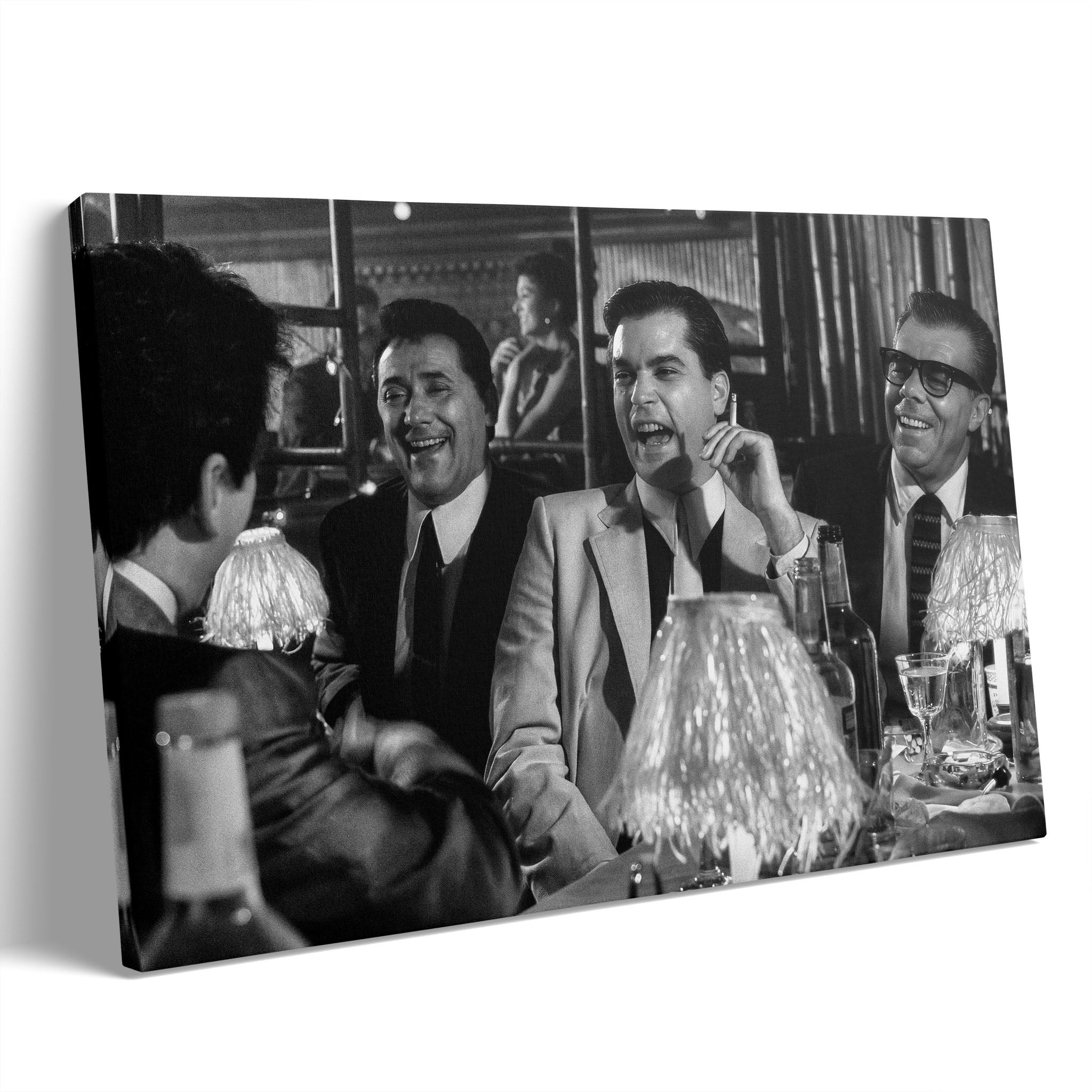 Premium gallery-wrapped black and white canvas print of the Goodfellas 1990 Bamboo Lounge scene.