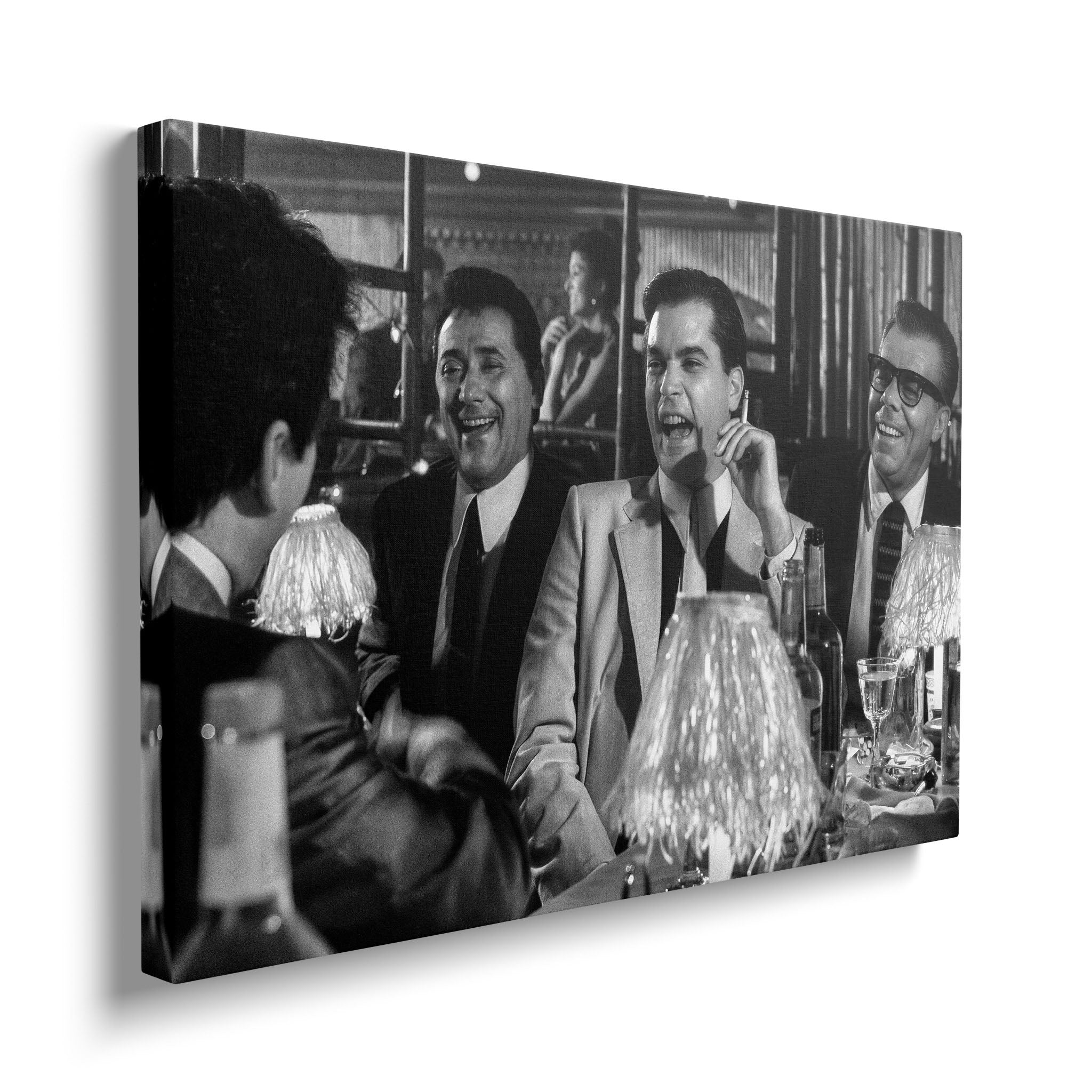 Front view of the heavy-weight black and white canvas wall art print of the Goodfellas Funny How scene.