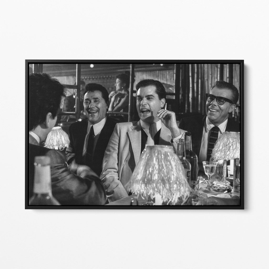 Front view of the Goodfellas Bamboo Lounge black and white canvas in a sleek black floating frame.