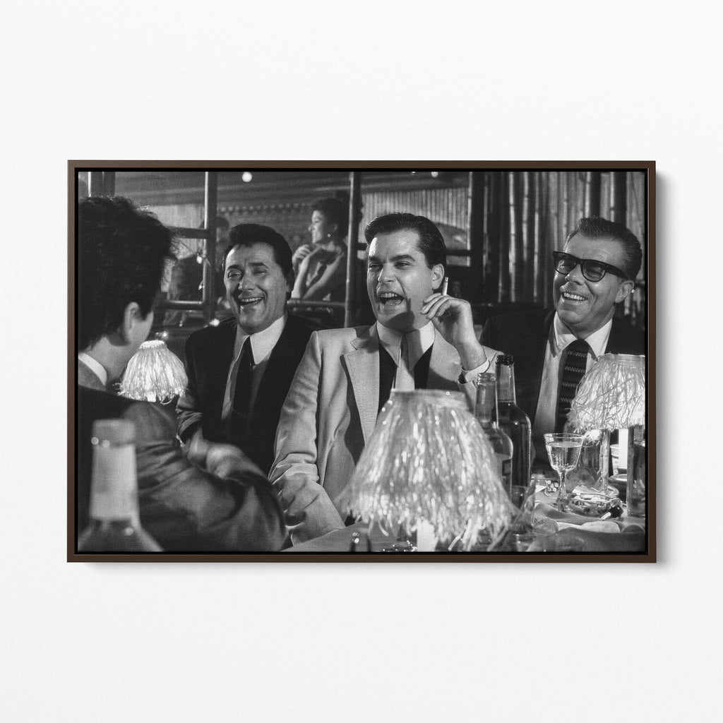 Front display of the Goodfellas Bamboo Lounge black and white canvas in a premium dark walnut floating frame.
