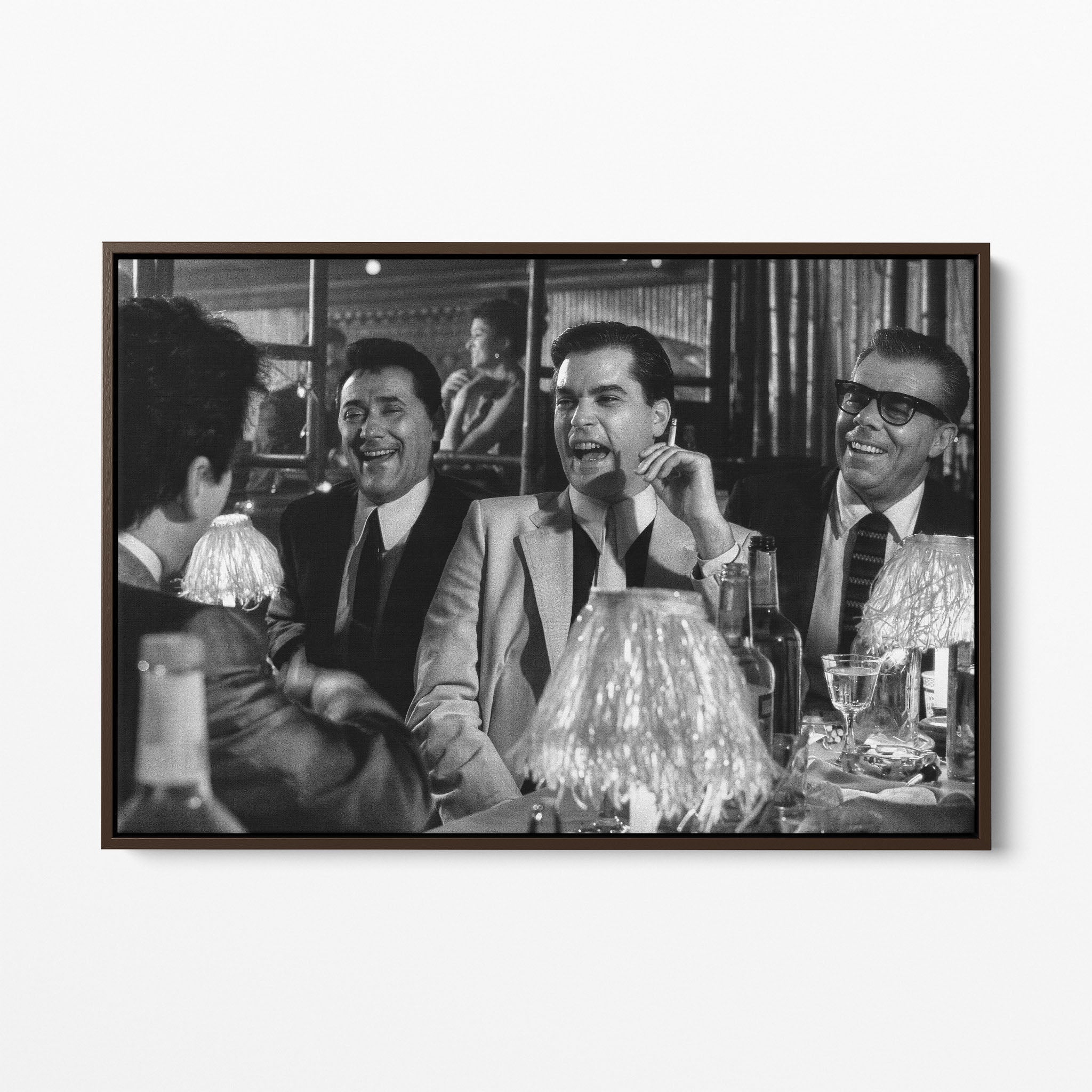 Front display of the Goodfellas Bamboo Lounge black and white canvas in a premium dark walnut floating frame.