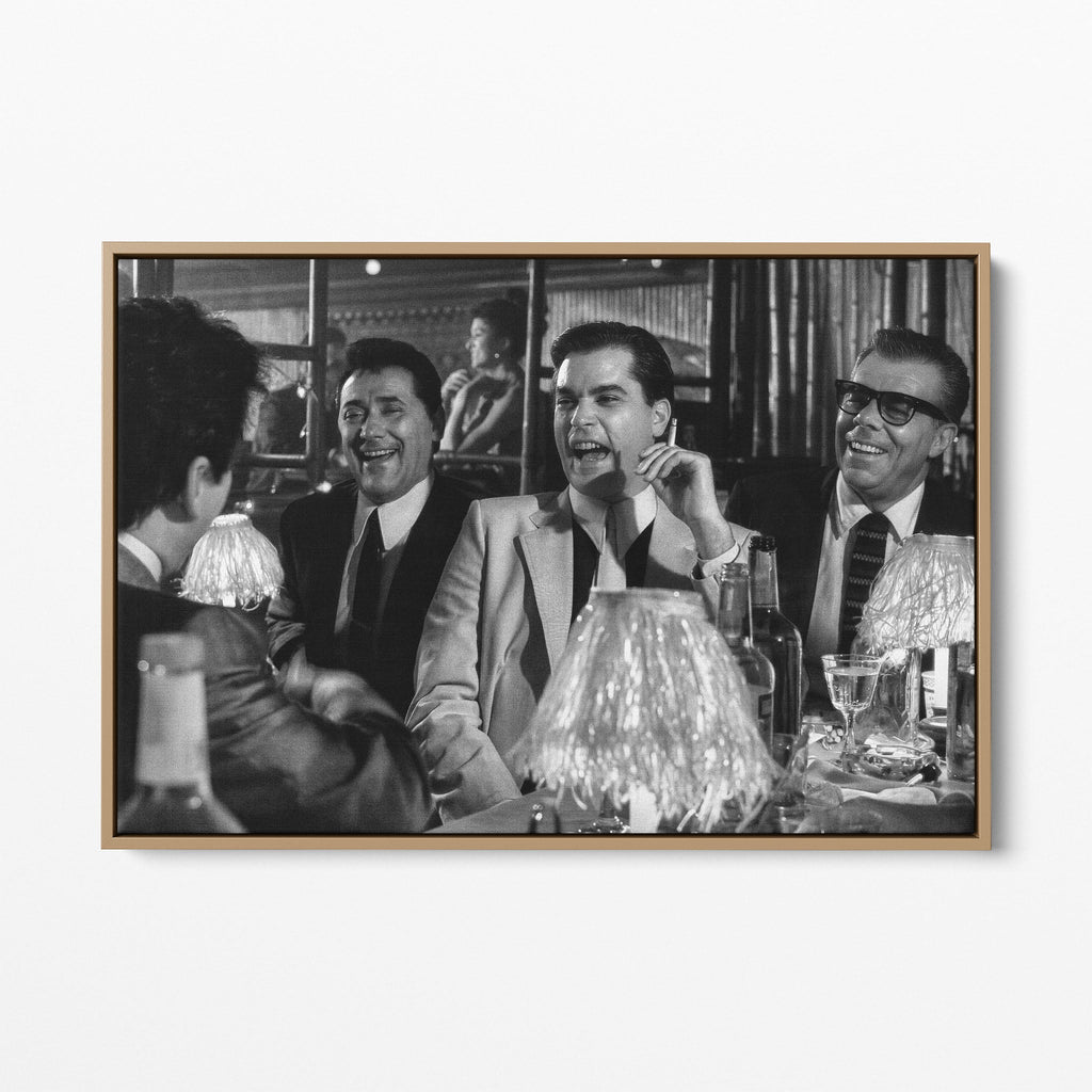 Front display of the Goodfellas Bamboo Lounge black and white canvas in a premium natural wood floating frame.