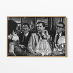 Front display of the Goodfellas Bamboo Lounge black and white canvas in a premium natural wood floating frame.