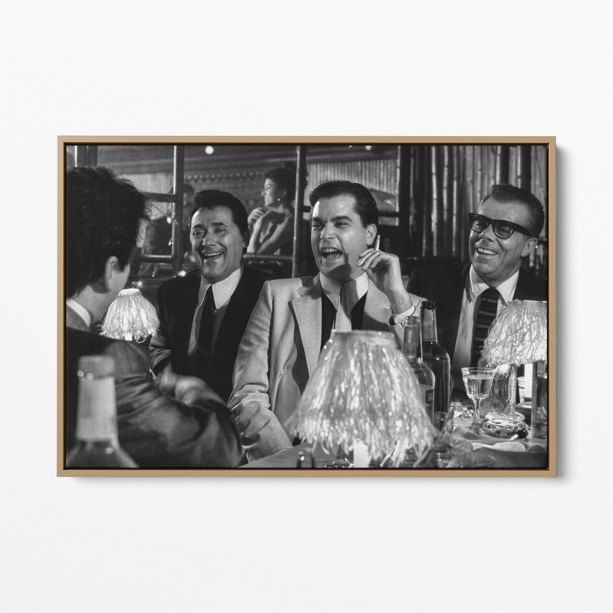 Front display of the Goodfellas Bamboo Lounge black and white canvas in a premium natural wood floating frame.