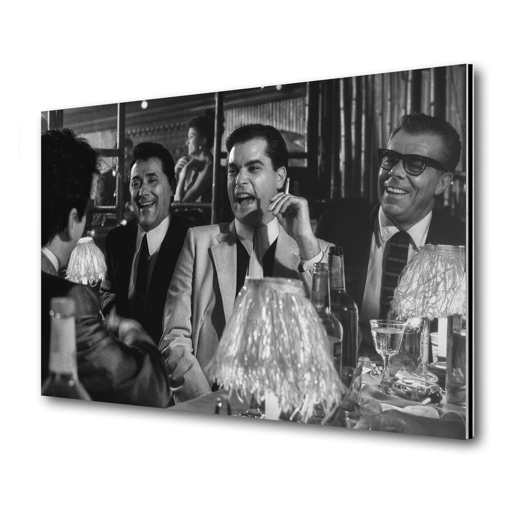 Premium black and white metal print of the Goodfellas 1990 Bamboo Lounge scene on an industrial-grade aluminum panel.