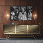 Sleek aluminum black and white metal print of Goodfellas displayed over a mid-century modern credenza.