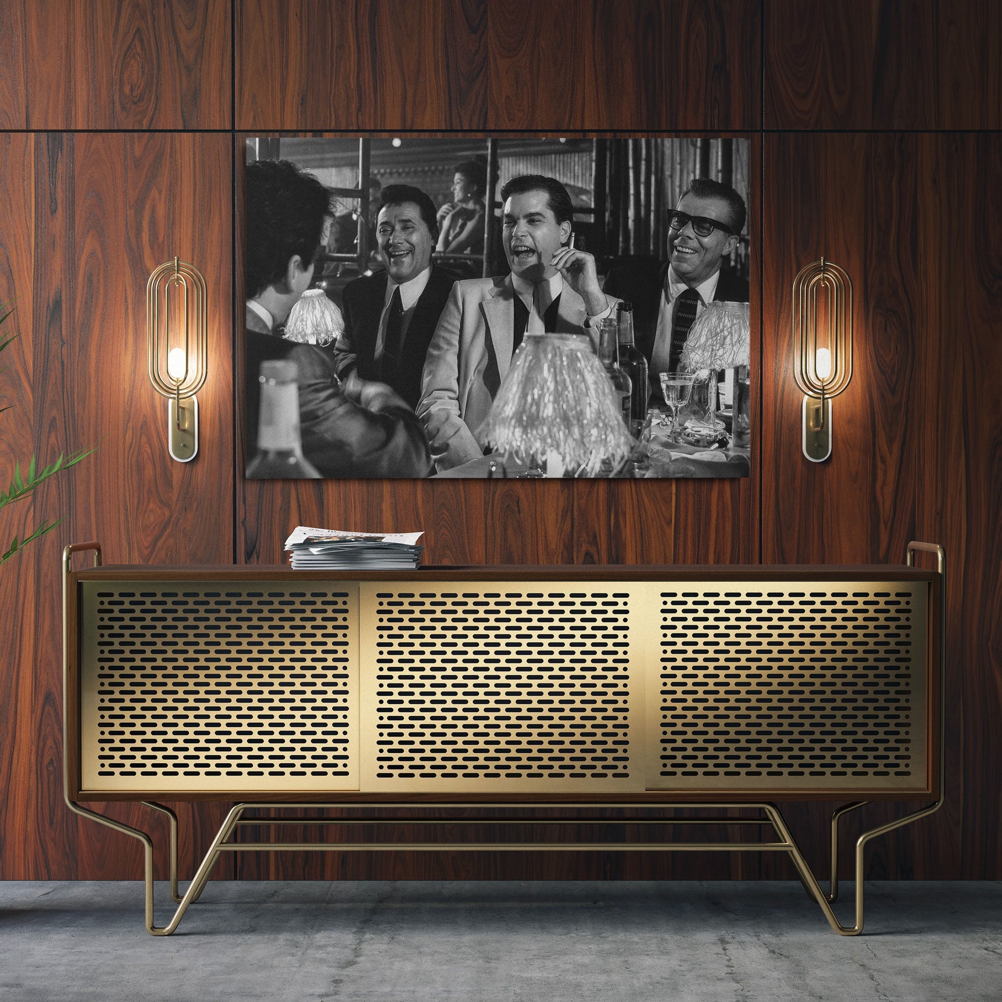 Sleek aluminum black and white metal print of Goodfellas displayed over a mid-century modern credenza.