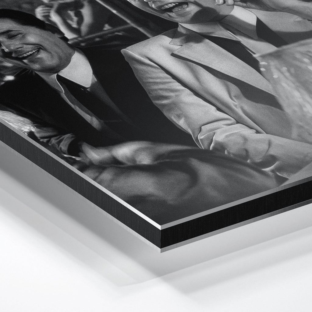 Macro close-up of the ultra-thin aluminum DIBOND panel edge of the Goodfellas black and white metal print.