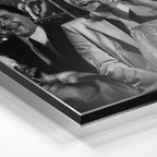 Macro close-up of the ultra-thin aluminum DIBOND panel edge of the Goodfellas black and white metal print.