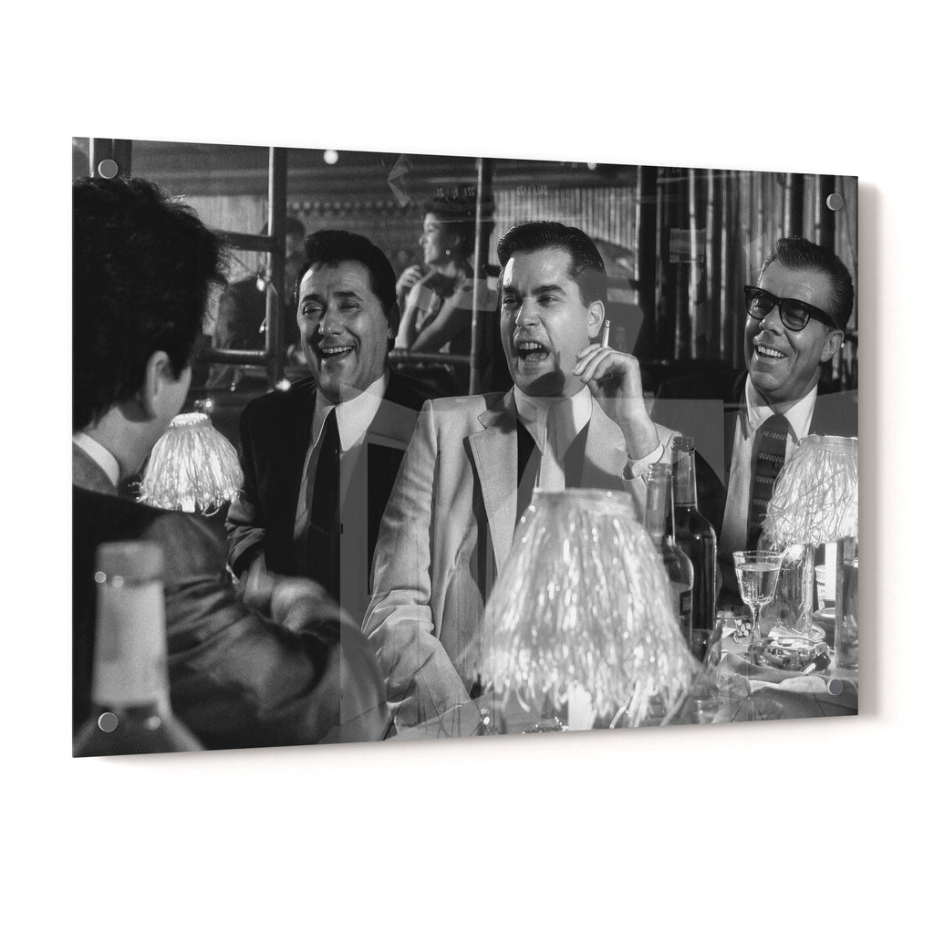 Crystal-clear acrylic glass black and white art print of the Goodfellas Bamboo Lounge scene with polished edges.