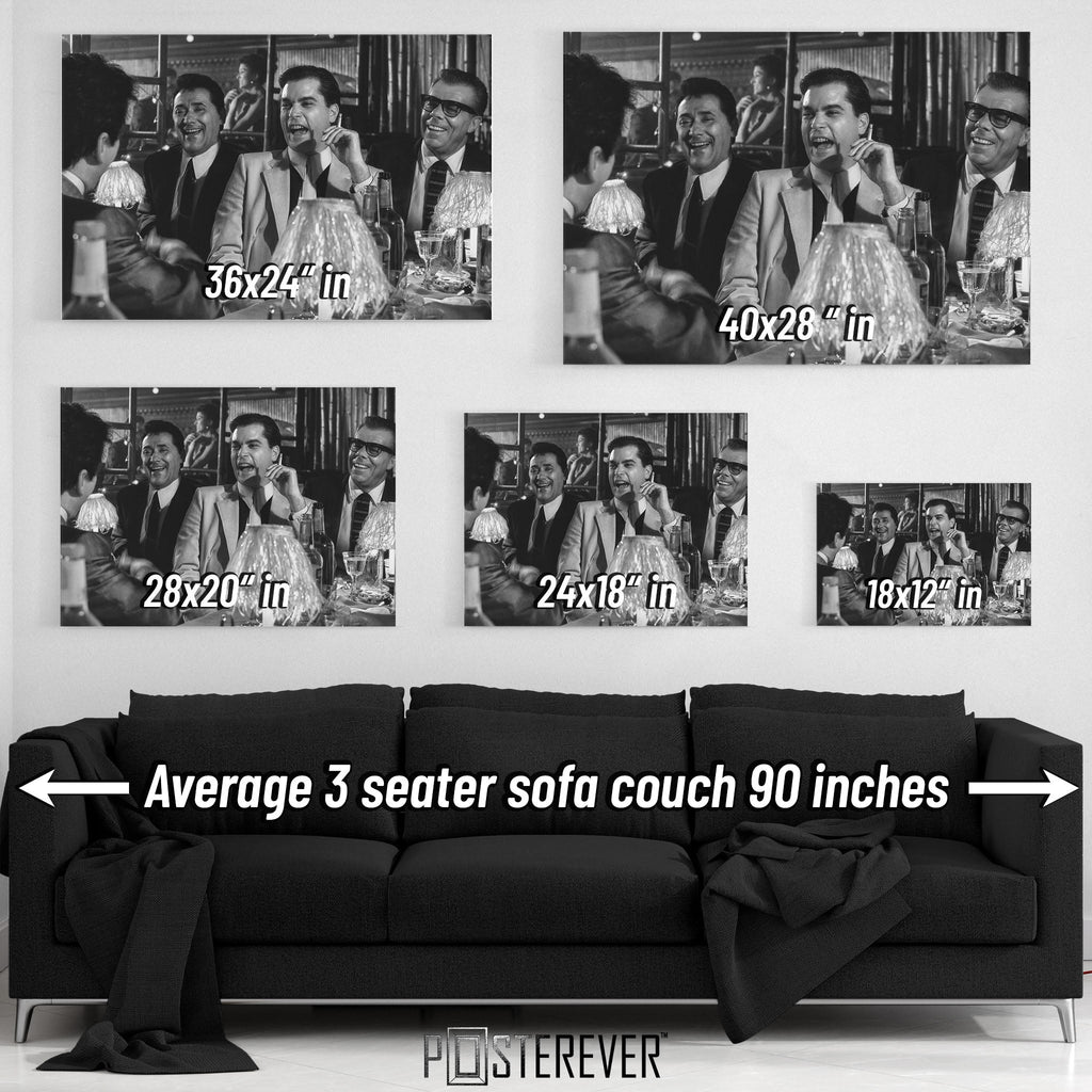 Goodfellas 1990 Bamboo Lounge black and white wall art size comparison chart shown above an average 90-inch three-seater sofa.
