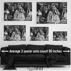 Goodfellas 1990 Bamboo Lounge black and white wall art size comparison chart shown above an average 90-inch three-seater sofa.