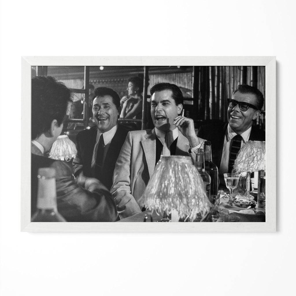 Goodfellas Bamboo Lounge scene black and white poster in a modern minimalist white wooden frame by POSTEREVER.